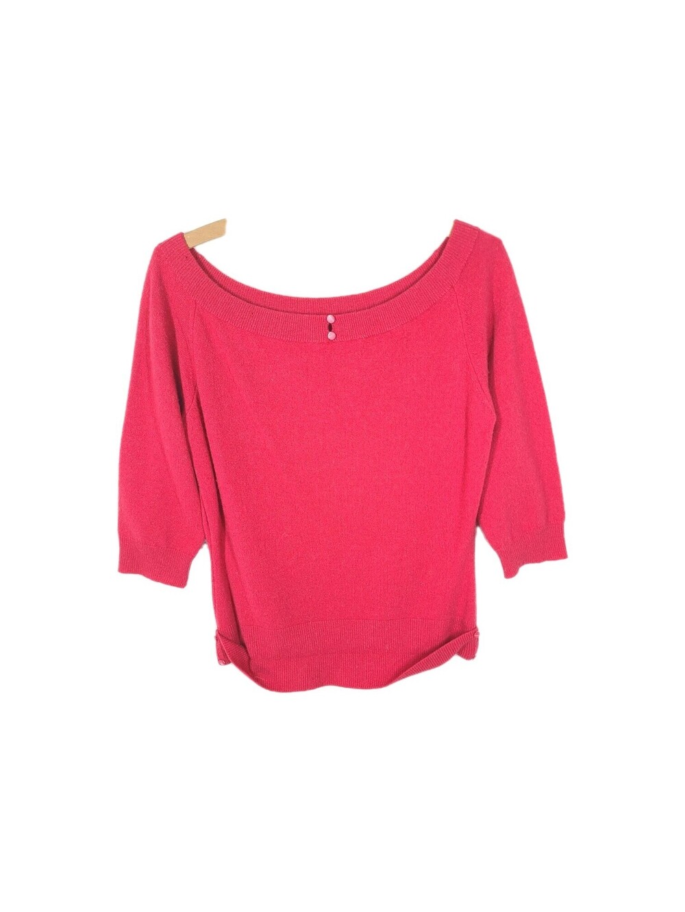 Vtg 60s Cashmere Sweater Low Neck Colebrook Magenta Pink MOP Buttons M L Pinup